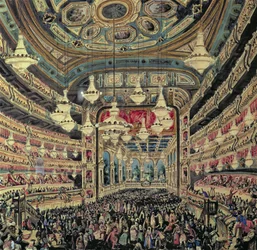Interiörvy av "Great Lyceum" under en karneval före branden som förstörde teatern (olja på duk)