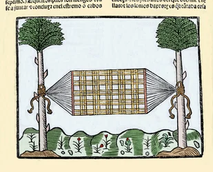 Uppfinning av hängmattan: denna uppfinning revolutionerade livet för sjömän ombord på fartyg. De sov innan på det våta däcket. Gravyr från boken "Historia general de las Indias, islas y tierra firme del mar oceano"" av Gonzalo Fernandez de Oviedo (Gonz)