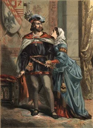 Jeanne av Spanien känd som La Folle (1479-1555), drottning av Kastilien och hennes gemål Philippe Le Beau (1478-1506) kung av Spanien och ärkehertig av Österrike i "The Cult of Beauty" av Juan Justo Huguet, Mills Brothers redaktörer