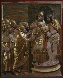 Jesus framför Kaifas, detalj av en renässansaltartavla (målat och förgyllt trä)