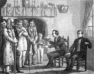 Joseph Smith, grundare av mormonkyrkan, läser från Mormons bok till tidiga mormonomvändare, från 