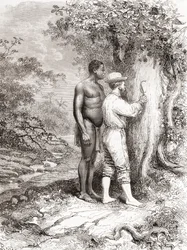 Jules Crevaux, under sin utforskning av Franska Guyana 1878, ristade sina initialer på ett träd på stranden av floden Oyapock eller Oiapoque