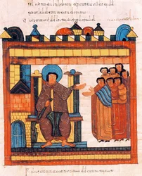 Kung David sittande på sin tron och omgiven av sitt hov, ur Sankt Isidorus visigotisk-mozarabiska bibel, fol. 126r., 960 e.Kr.