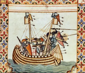 Les croises på väg till att belägra en fästning i Sarrazine Detalj av en sida hämtad från ett manuskript av Sankta Marias sång (Cantigas de Santa Maria), dekorerar miniatyrer tillägnade Sankta Maria och hennes mirakel, en samling sånger som återupptas unde