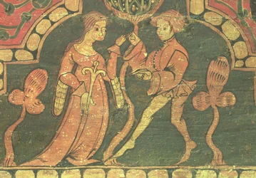 Kärleksscen, detalj av panel från Penafiel-slottet, Valladolid, verkstad av Claustro de Silos (olja på panel)