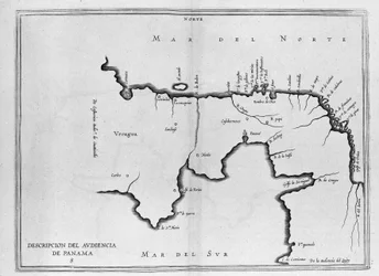 Karta över Centralamerika (Panama) från en spansk volym av resor från början av 1600-talet. Kartan är orienterad på det antika läget (nordöst till öst) och Atlanten kallas Nordsjön och Stilla havet.
