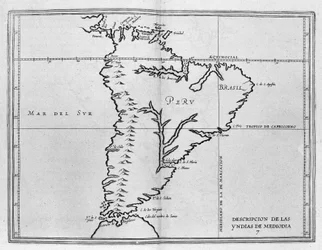 Karta över Meridionale America (Sydamerika eller Latinamerika) från en spansk volym av resor från början av 1600-talet. Stilla havet kallas Söderhavet och länderna Peru och Brasilien heter liksom ekvatorlinjen och
