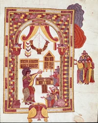 Mozarabisk konst: "" Jerusalems tempel, Aron representeras som en överstepräst framför ett altare." Miniatyr från en mozarabisk bibel. 900-talet. Leon. Bibliotek för Royal Collegiale of Saint Isidore. Spanien