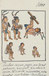 Fru Palat. 218-220 Bok IX Aztekiska underhållare, musiker, jonglörer och puckelryggar, från den florentinska kodeksen av Bernardino de Sahagun, ca 1540-85