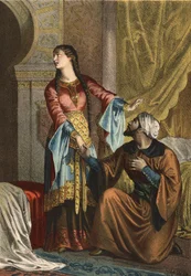 Omar, muslimsk prins, avger en kärleksförklaring till Sancha Ona, grevinnan av Kastilien. i "The Cult of Beauty"" av Juan Justo Huguet, Molinas Hermanos redaktör