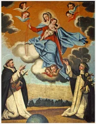 Vår Fru av Rosenkransen med St Dominic och St. Catherine av Siena