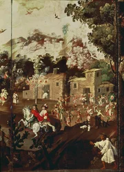 Panel från en hopfällbar skärm som visar en serie stenhus med indianer som dansar för att fira (olja på panel)