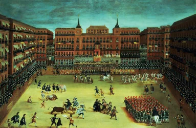Panorama över en fiesta på Plaza Mayor i Madrid