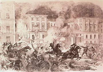 Populistiska uppror i Madrid, The Rioters försöker sätta eld på drottning Maria Christinas palats 1854 (litho)