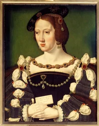 Porträtt av Eleonore av Habsburg, ärkehertiginna av Österrike (1498-1558) drottning av Frankrike, fru till kungen av Frankrike Francois I Målning av den spanska skolan. 1500-talet. Chantilly, Conde Museum