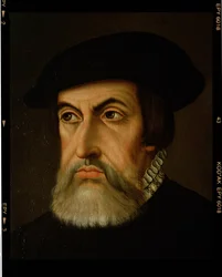Porträtt av Hernan Cortes (1485-1547) (olja på duk)