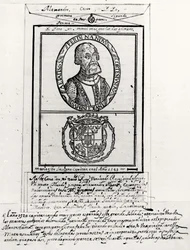 Porträtt av Hernando Cortes (1485-1547) och hans armar