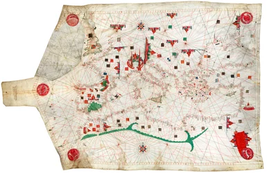 Portulankarta över Medelhavet och Nordostatlanten, detta är den äldsta portulan i National Maritime Museums samlingar