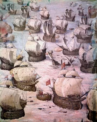 Regatta av spanska galjoner under en expedition till Acores 1582 under Filip II (1527-1598), kung av Spanien. Fresk från 1500-talet. Hall of Battles, Palace of the Escorial, Madrid.