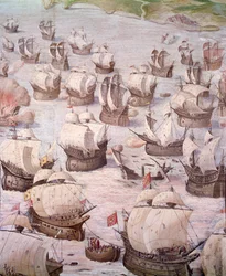 Regatta av spanska galjoner under en expedition till Acores 1582 under Filip II (1527-1598), kung av Spanien. Fresk från 1500-talet. Hall of Battles, Palace of the Escorial, Madrid.