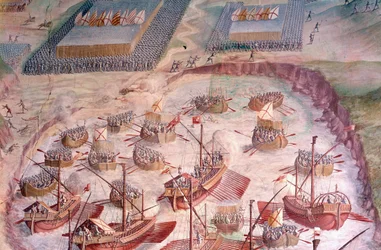 Regatta av spanska galjoner under en expedition till Acores 1582 under Filip II (1527-1598), kung av Spanien. Fresk från 1500-talet. Hall of Battles, Palace of the Escorial, Madrid.