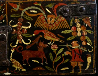 Scen som skildrar spanska jägare och indianmotiv, detalj från målad trästam, kolonialtid, spanskt ursprung, Bolivia