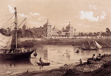 Sevilla, San Telmo-palatset vid floden Guadalquivirs strand. Andalusien, Spanien (1800-talet). Madrid, Nationalbiblioteket.