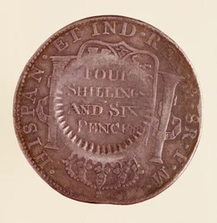 Silvermynt (8 realer) från Spanien: Karl III:s regeringstid (1759-1788). 1777 med motstämpel av 1787. Diam. 3,9 cm Neapel, museo archeologico