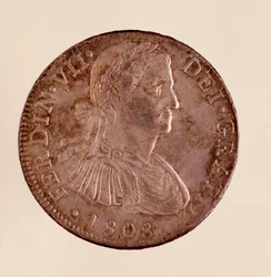 Silvermynt (8 realer) från Spanien: Ferdinand VII:s regeringstid (Ferdinando) (1808-1833). 1808 Diam. 3,9 cm Neapel, museo archeologico