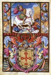 Sankt Jakob på en vit häst ridande över liken av morer och familjen Gómez vapensköld, 1606