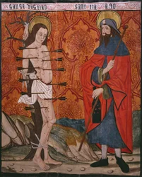 S:t Sebastian och St. Jakob den store, panel från kyrkan San Andres of Tortura, sent 1400-tal-tidigt 1500-tal (målat trä) (se även 345849)