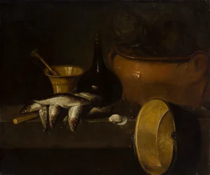 Stilleben med fisk och kronärtskockor (olja på duk)