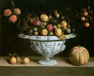 Stilleben av frukt i en blåvit skål, c.1630