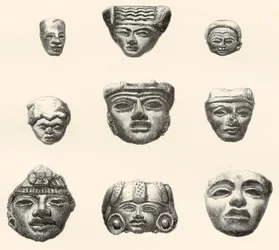 Stenhuvuden och masker hittades i Teotihuacan, Mexiko av Desiré Charnay under hans expedition 18801883