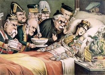 Martyrens vånda, karikatyr om en spansk ekonomisk kris, 1892