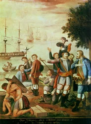 Erövringen av Mexiko: Diego Velasquez de Cuellar (1465-1524) väljer Hernando Cortes (1485-1547) som general för Armada och ger honom kommandot (olja på duk)