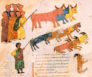 Det hebreiska folket lämnar Egypten med sin boskap, från den visigotisk-mozarabiska bibeln från St. Isidores, fol.38v., A.D. 960 (tempera på vellum)