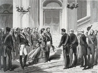 Kungen av Spanien Amedee I (Amedeo Ferdinando Maria di Savoia) (1845-1890) och hans hustru Queen Mary Victory dal Pozzo della Cisterna (1847-1876) vid deras ankomst till det kungliga palatset i Madrid den 19/03/1871. Gravyr från ""La Ilustracion Espanola y