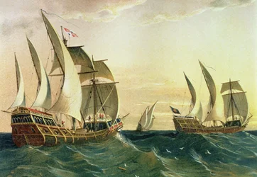 ”Pinta”, ”Niña” och ”Santa María” seglar mot Västindien år 1492, ur Amerikas upptäckt