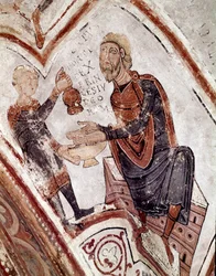 Månadernas cykel: Pontius Pilatus tvättar sina händer. Detalj av en fresk från 1100-talet från Royal Pantheon of the Real Colegiata of San Isidoro (Royal Collegiale of Saint Isidore). Leon. Spanien