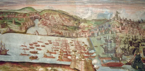 Flottans intåg i Lissabon, en scen från den maritima kampanjen mot Portugal som utfördes av Alvaro de Bazan, under Filip II av Spaniens regeringstid (fresk)