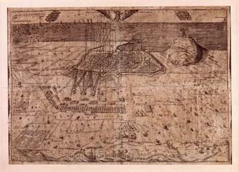 Upphävandet av Katalonien eller skördemännens krig (1640-1659), Barcelonas högkvarter till sjöss och på land av Filip IV av Spaniens trupper (1605-1665). Gravyr 1652. Stadshistoriska museum, Barcelona.