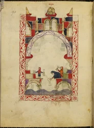 Tre kvinnor sänker ned kärl i en bassäng. Illuminerat manuskript av en spansk-maurisk Haggada, ca 1300, Spanien, Or. 2737, fol. 90