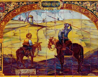 Kakel som föreställer Don Quijote och Sancho Panza som förbereder sig för att attackera väderkvarnarna (keramik)