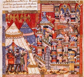 Trojankriget: staden Troja och det grekiska lägret. Detalj av en miniatyr från det spanska manuskriptet "Codex Benito de Santa Mora""