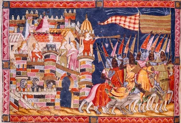 Trojankriget: staden Troja och den trojanska armén på väg till strid. Detalj av en miniatyr från det spanska manuskriptet "Codex Benito de Santa Mora""