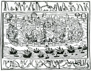 Utsikt över Lissabon från Book of Greatness and Memorable Things of Spain av Pedro Medina, 1548