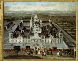 Utsikt över Escorial Palace i Spanien byggt av Filip II på 1500-talet. Anonym spansk målning från 1600-talet. Olja på duk. Mått: 1,89 x 2,41 m.