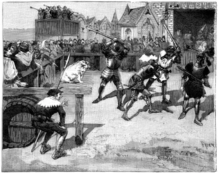 Fyra blinda män placerade i en ring för att slåss mot en stor gris, c1300-1400-talet 1882-1884.