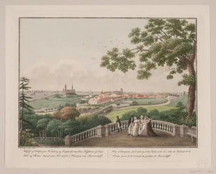 Utsikt över Helsingör, Kronborg och Öresund mellan Själlands och Skånes kuster. Skylten på altanen i hänget på Marienlyst